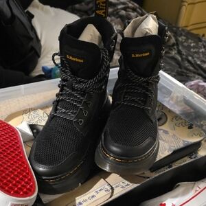 Dr. Martens Black Platform Boots with Yellow Stitching